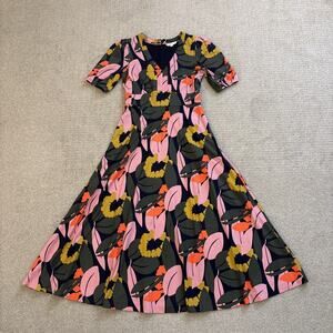 Boden Short Sleeve Jersey Midi Dress Womens Sz US 6 Blue Spring Floral Back Zip